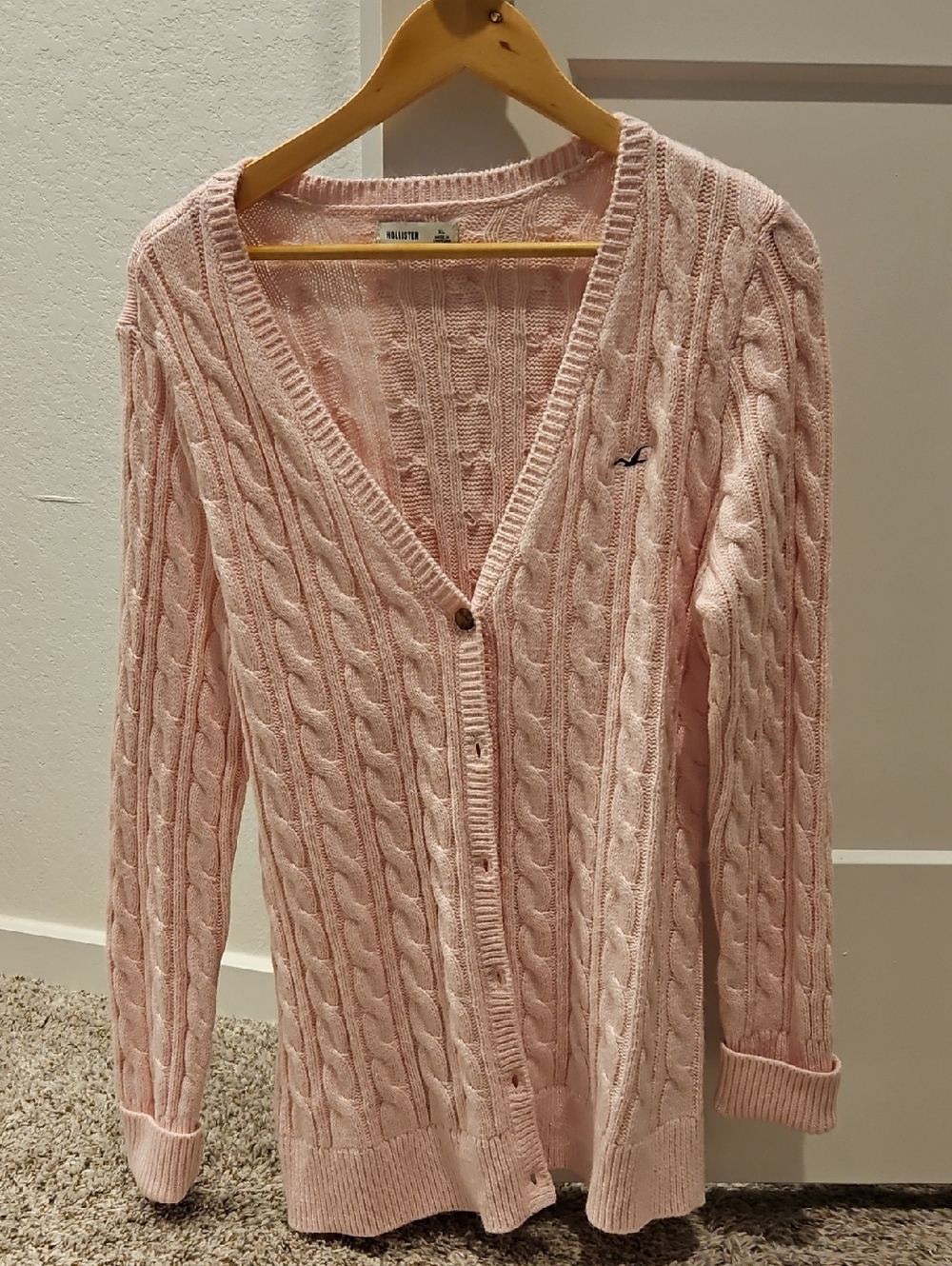 Hollister Light Pink Cable-Knit V-Neck Button Cardigan